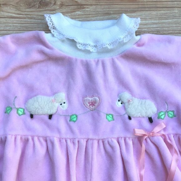 Rebecca Raggs Vintage Bubble Romper Size 24 Mos. Pink Sheep Velour 1990s Y2K - Picture 2 of 8